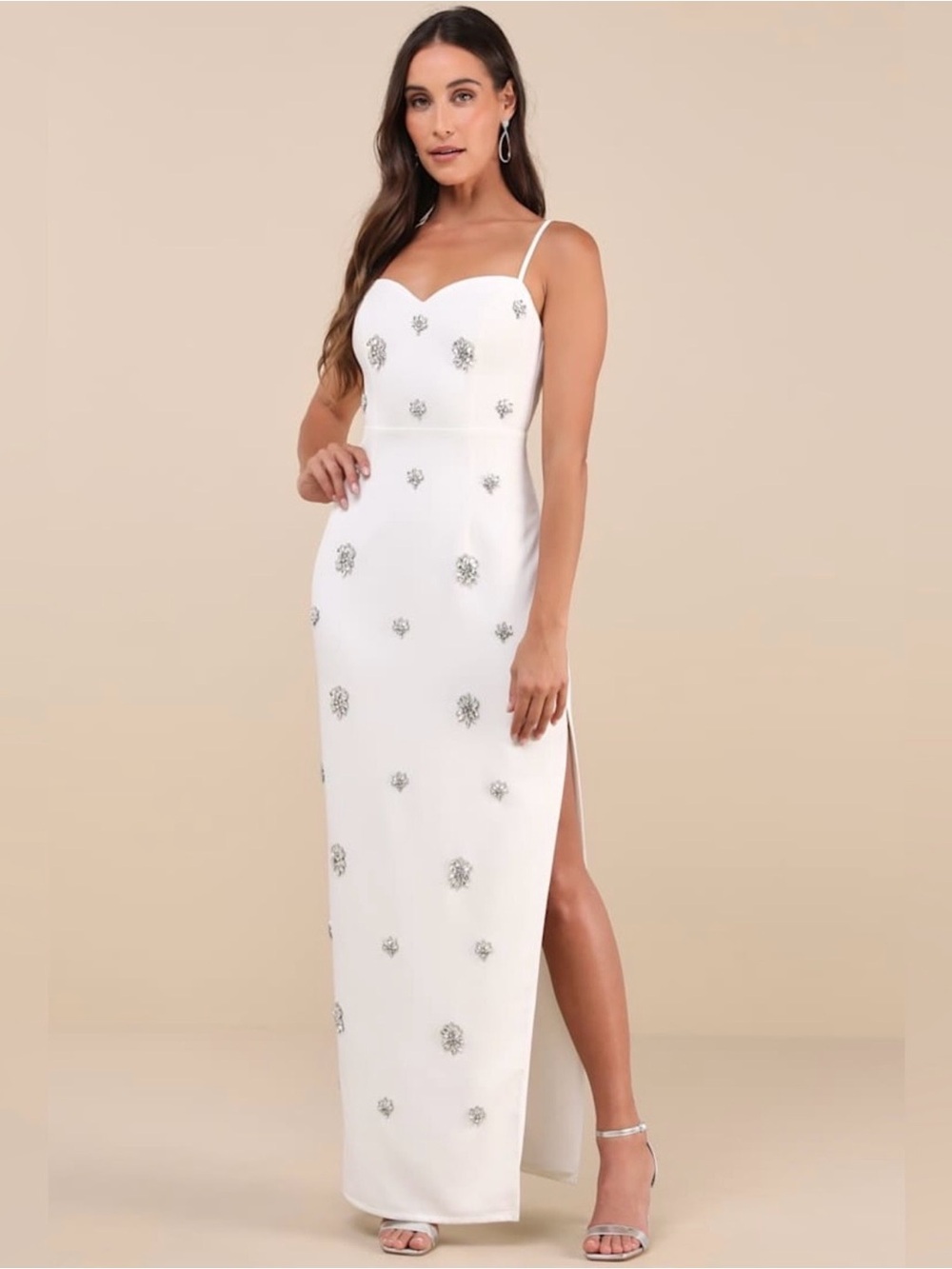 Lulu's White Embellished Spaghetti-Strap Maxi Dress